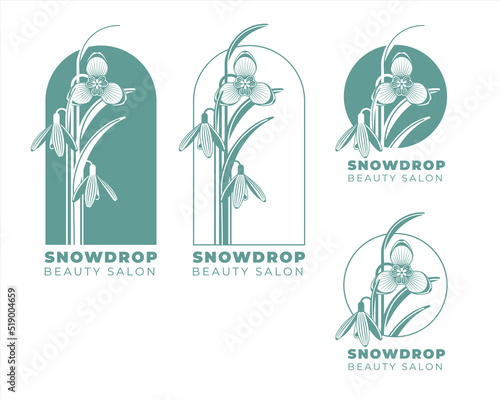 snowdrop floral logo design for boutique, beauty, spa salon, silhouette of female emblem. Different variants of the logo. Vintage Art Nouveau style. Vector flat illustration