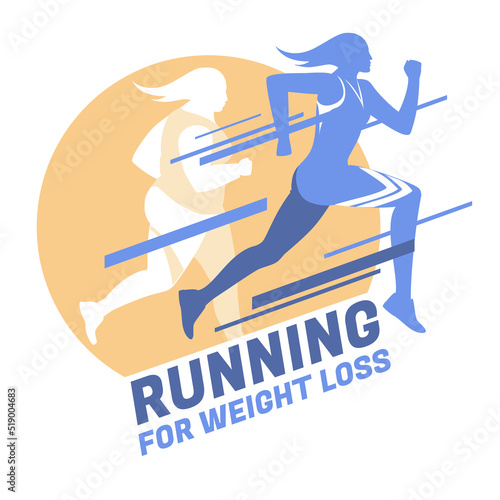 banner design for advertising running competition for weight loss or training. Overweight sportswoman running on abstract background. Presentation design, printing, web advertising banners.