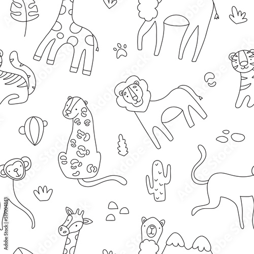 Seamless pattern in doodle style, set of cute children's illustrations of African animals, giraffe, monkey, tiger, lion, cheetah, camel.