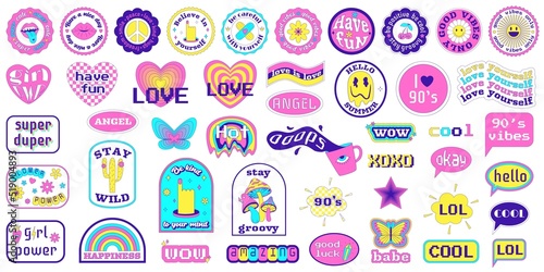 A set of y2k stickers with text motivational, positive phrases. Collection of Pop Art Patches from 2000s in geometric shapes with acid weird surreal elements. Vector illustration isolated on white