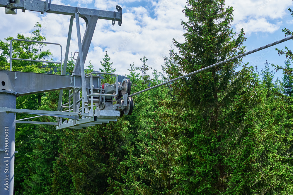 Beautiful mountains, covered with forest and open cable car line. Karpacz resort in Poland with lift road. Family outdoor recreation in mountains Beautiful mountains, covered with forest and open cable car line. Karpacz resort in Poland with lift road. Family outdoor recreation in mountains