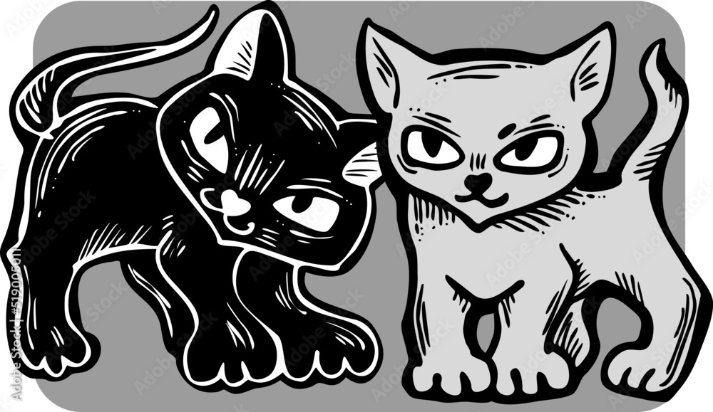 Cute cats friends sitting together. Decorative border, banner, postcard, poster print for kids room or birthday. Logo design for veterinary. Hand drawn illustration. Cartoon character vector drawing. Cute cats friends sitting together. Decorative border, banner, postcard, poster print for kids room or birthday. Logo design for veterinary. Hand drawn illustration. Cartoon character vector drawing.