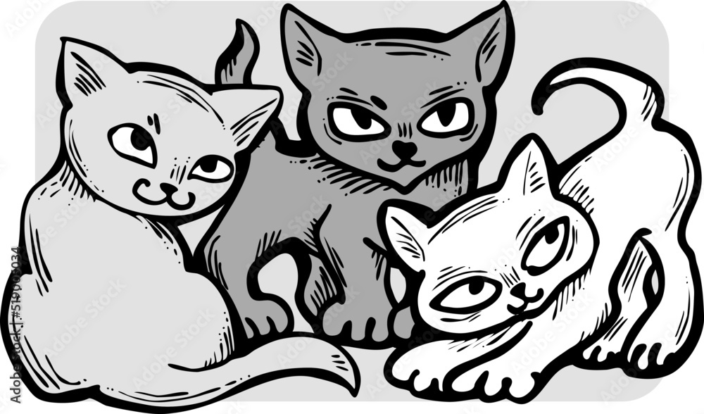 Cute cats friends sitting together. Decorative border, banner, postcard, poster print for kids room or birthday. Logo design for veterinary. Hand drawn illustration. Cartoon character vector drawing. Cute cats friends sitting together. Decorative border, banner, postcard, poster print for kids room or birthday. Logo design for veterinary. Hand drawn illustration. Cartoon character vector drawing.