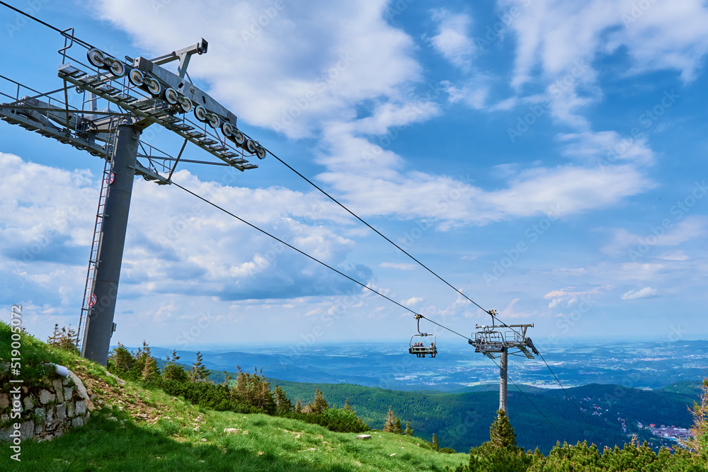 Beautiful mountains, covered with forest and open cable car line. Karpacz resort in Poland with lift road. Family outdoor recreation in mountains