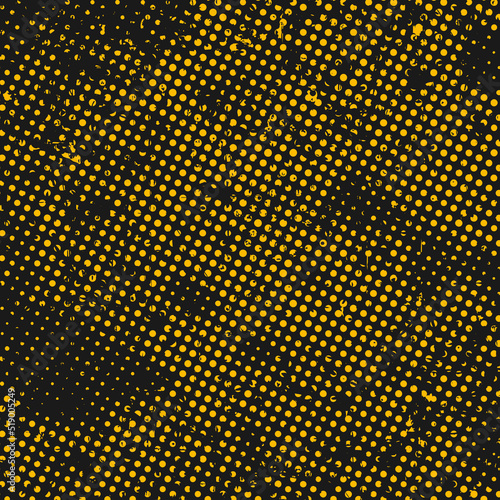 Yellow halftone grunge backdrop. Distress texture of spots  stains  ink  dots  scratches. Dirty artistic design element for web  print  template and abstract background