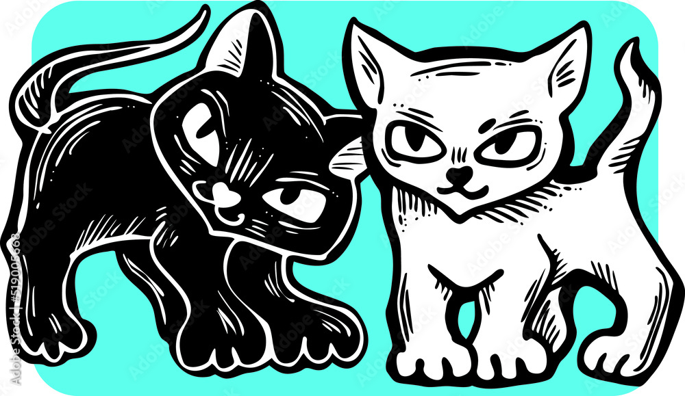 Obraz premium Cute cats friends sitting together. Decorative border, banner, postcard, poster print for kids room or birthday. Logo design for veterinary. Hand drawn illustration. Cartoon character vector drawing.