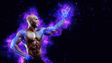Muscular body builder flexing his muscles with energy lights on hands concept