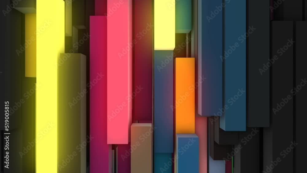 Animated modern background of glowing blocks. Luminescent 3d rectangles. Randomly moving pistons. Gravity. Computer screensaver for art, technology, business, intro, logo. 4k Animated modern background of glowing blocks. Luminescent 3d rectangles. Randomly moving pistons. Gravity. Computer screensaver for art, technology, business, intro, logo. 4k