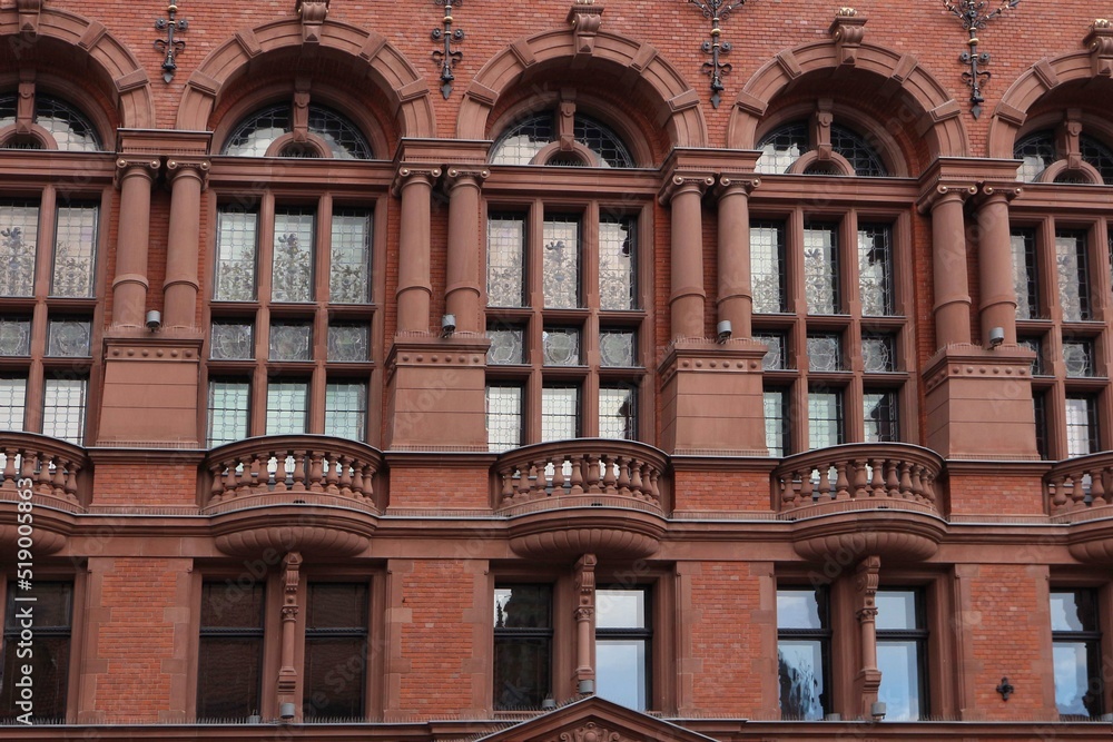Obraz premium Windows in the neo-Renaissance Artus Court in Toruń, built at the end of the 19th century.