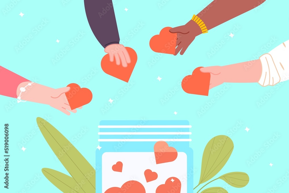 Hands giving heart in jar. Large donation for needy people, hand donate love compassion concept, generous gift volunteer community share humanitarian help hope, vector illustration