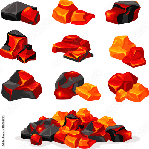 Glowing coals. Burning coal closeup flaming mineral for grill bbg, hot charcoal briquette danger burnt carbon, fireplace barbecue cartoon smoking embers, neat vector illustration