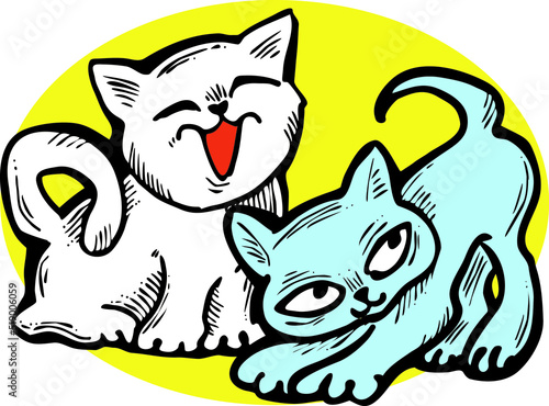 Cute cats friends sitting together. Decorative border, banner, postcard, poster print for kids room or birthday. Logo design for veterinary. Hand drawn illustration. Cartoon character vector drawing.