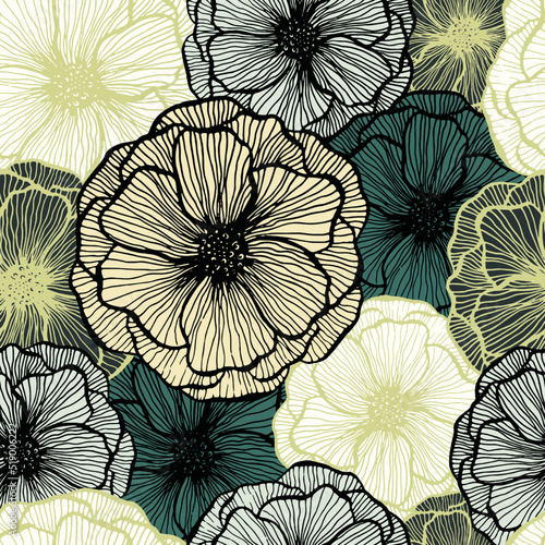 Poppy flower doodle  floral vector seamless pattern summer  fabric print design. Line texture petals