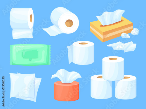 Cartoon paper towel. Papers tissue box wc toilet roll, flatly napkins for wipe nose, wet sanitary wrap napkin clean kitchen household used bathroom hygiene neat vector illustration photo