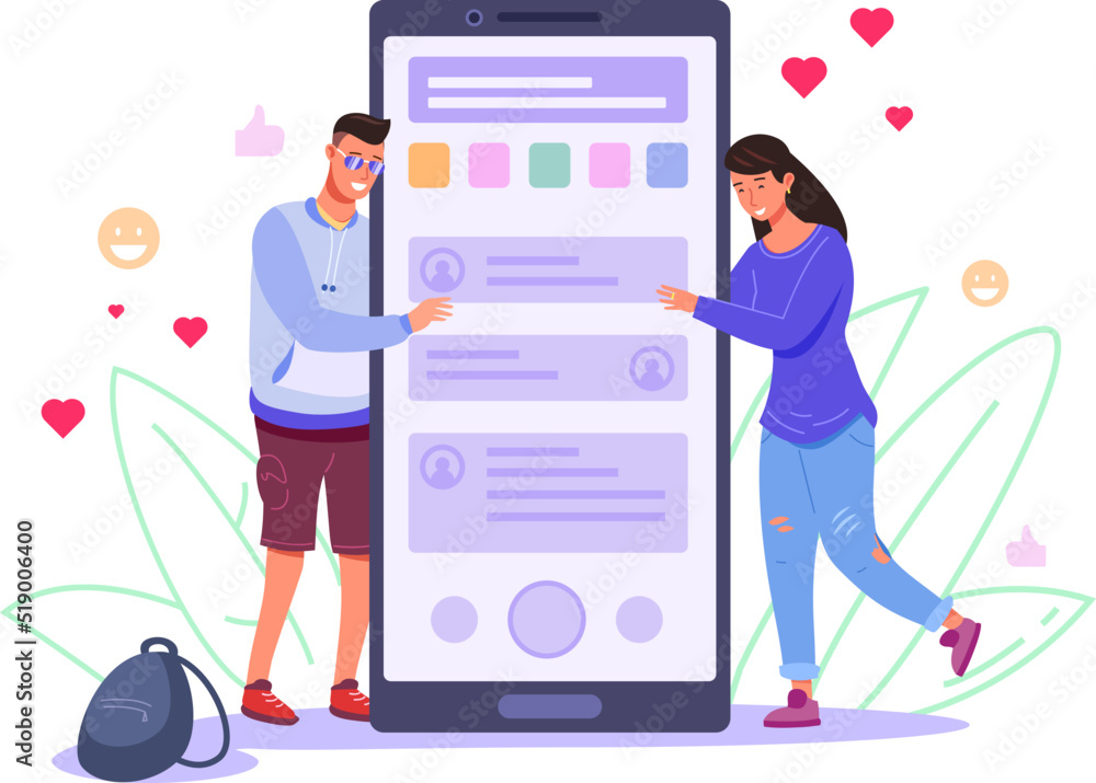 Teenagers hugging phone. Teen man and woman hug screen giant smartphone, digital addiction usage mobile device, people using cellphone social communication vector illustration