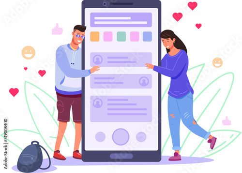 Teenagers hugging phone. Teen man and woman hug screen giant smartphone, digital addiction usage mobile device, people using cellphone social communication vector illustration