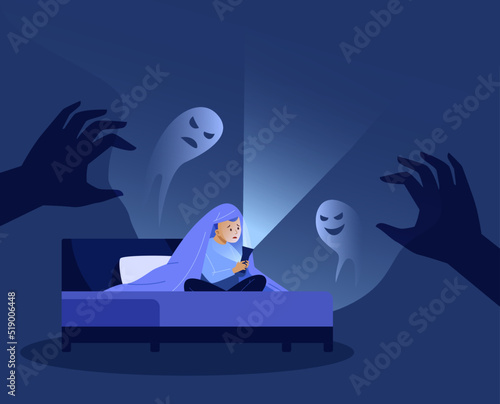 Children nightmares. Anxiety kid under blanket scared of monster bed dark room, child nightmare fear ghost boy afraid boogeyman darkness bedroom horror cartoon vector illustration