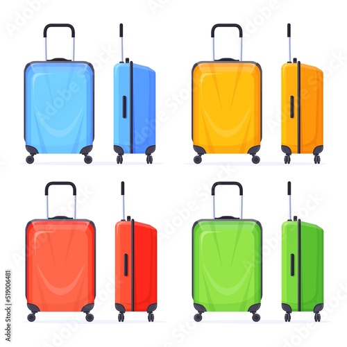 Plastic suitcase wheels. Tourism travel handle bag, luggage wheel trolley airport large zip baggage, travelling hotel polycarbonate suitcases carry case, neat vector illustration