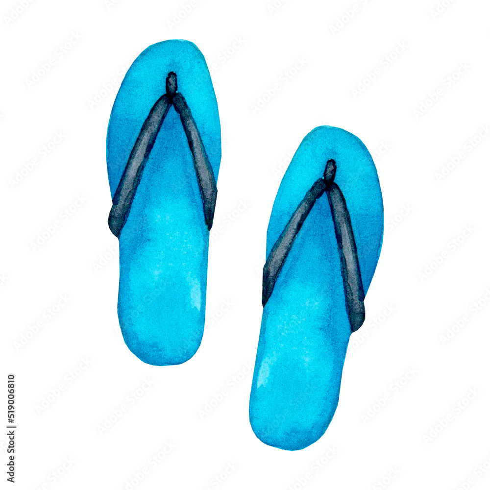 Beach shoes, slates, rubber slippers. Watercolor element isolated on white background. Beach shoes, slates, rubber slippers. Watercolor element isolated on white background.
