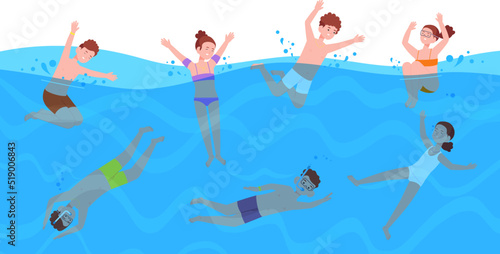 Kids snorkeling. Children divers underwater sea pool, water play with snorkel child swim in diver mask summer ocean, cartoon happy kid dive character, splendid vector illustration