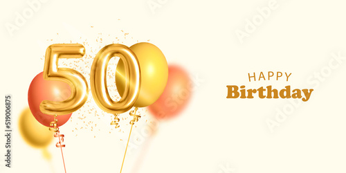 Vector realistic isolated invitation card for Happy Birthday with 50 number golden balloon and confetti.