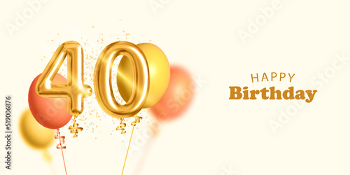 Vector realistic isolated invitation card for Happy Birthday with 40 number golden balloon and confetti.