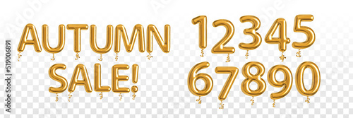 Vector realistic isolated golden balloon text of Autumn Sale with numbers on the transparent background.