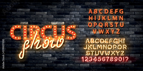 Vector realistic isolated retro marquee billboard with electric light lamps of Circus Show logo with alphabet font on the wall background.