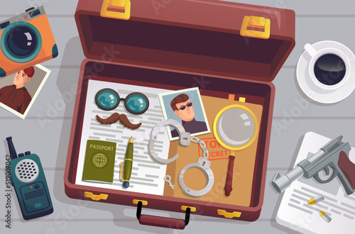 Detective briefcase. Open suitcase with spy surveillance tools investigation equipment on police desk, secret agent bag luggage folder files mission, ingenious vector illustration