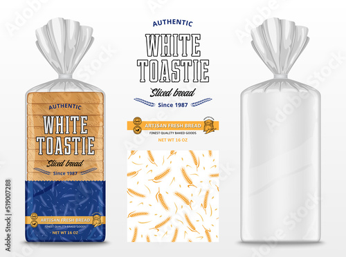 Vector bread package design. Transparent plastic bag package mockup. Bread and bakery branding and identity design elements