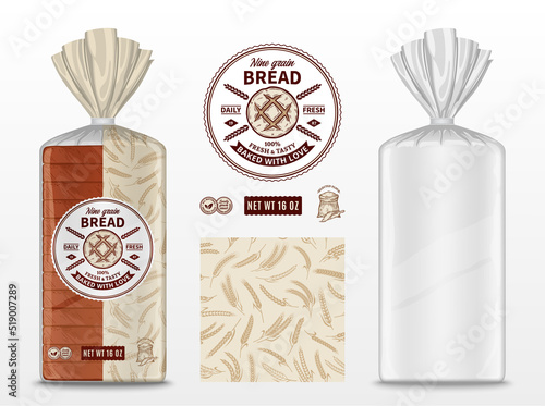 Vector bread package design. Transparent plastic bag package mockup. Bread and bakery branding and identity design elements
