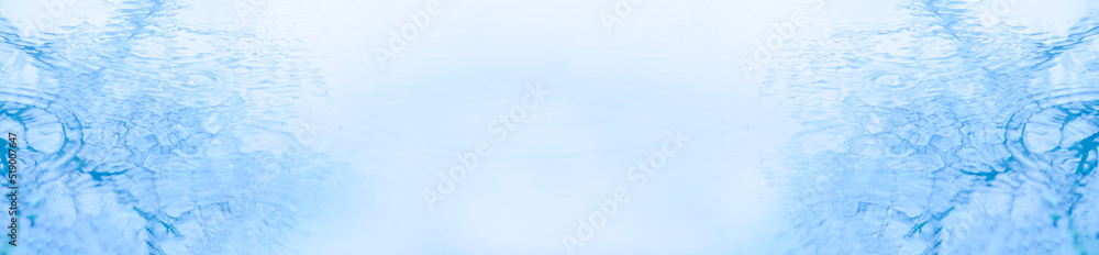 Light blue water surface texture with circles, stripes, ripples. Fresh summer wave banner background with free space for text. View from above. horizontal banner