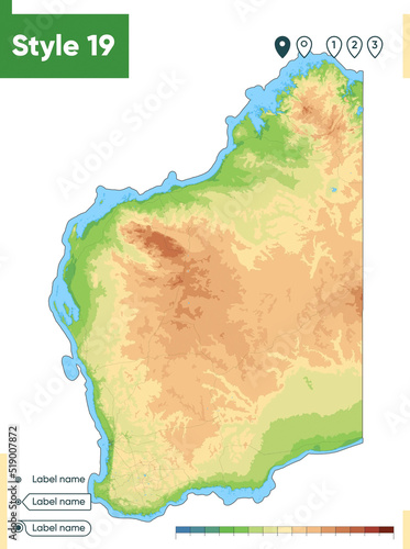 Western Australia, Australia - high detailed physical map. Vector map. Dem map.