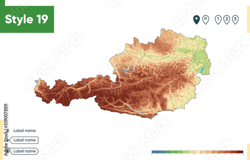 Austria - high detailed physical map. Vector map. Dem map.