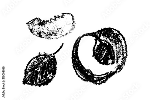 Peach symbol isolated. Black hand drawn nectarine sketch drawing. Stencil style icon of plum illustration for baby food logo, juice label design, prune sign, fruity packaging. Vector apricot insignia.