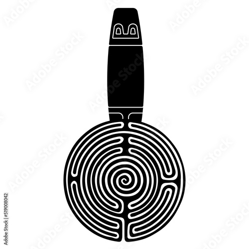 Native American tribal idol on a round spiral maze or labyrinth symbol. Valdivia culture from ancient Ecuador. Black and white silhouette. Creative concept.