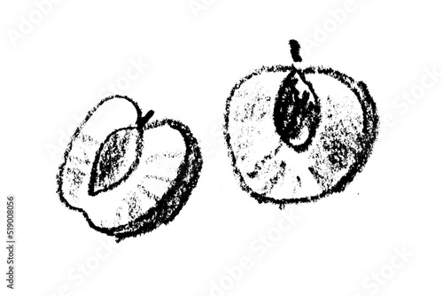 Peach symbol isolated. Black hand drawn nectarine sketch drawing. Stencil style icon of plum illustration for baby food logo, juice label design, prune sign, fruity packaging. Vector apricot insignia.