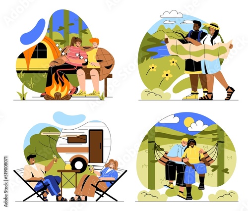 Couple camping illustration set. Men and women roast marshmallows on bonfire, travel in mountains and relax in nature. Tourism and vacation. Cartoon flat vector collection isolated on white background