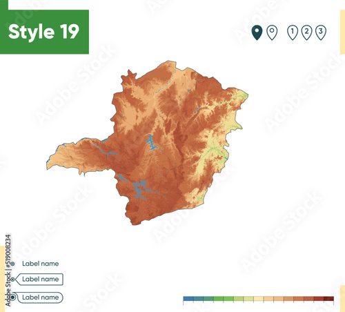 Minas Gerais, Brazil - high detailed physical map. Vector map. Dem map.