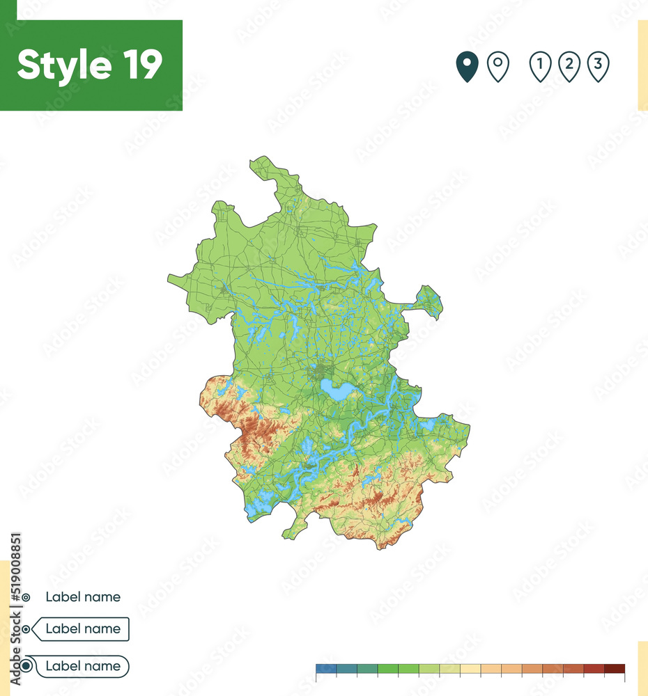 Fototapeta premium Anhui, China - high detailed physical map. Vector map. Dem map.