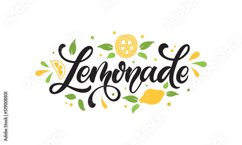 Lemonade handwritten text and lemon slices isolated on white background. Elegant modern brush calligraphy. Hand lettering for poster, postcard, sticker, logo, sign. Vector illustration in doodle style