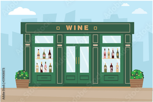 Wine shop on the street. White, red, rose wine in bottles on the shop window of the store. Front facade of the wine shop. Vector illustration.