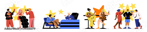 Set of celebrities at interviews. Famous people, actors and musicians come to night shows and talking with journalists and TV presenters. Cartoon flat vector collection isolated on white background