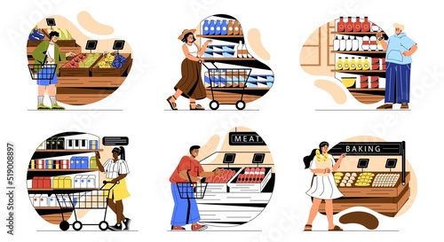 Set of people choosing food. Young men and women shopping in supermarket or grocery store. Characters with carts and baskets buy products. Cartoon flat vector collection isolated on white background