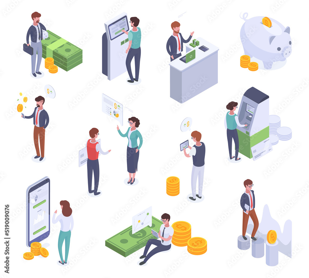Isometric business people financial analysis, successful profit strategy. Invest and money saving, characters make and save funds vector illustration set. Financial analytics collection Isometric business people financial analysis, successful profit strategy. Invest and money saving, characters make and save funds vector illustration set. Financial analytics collection