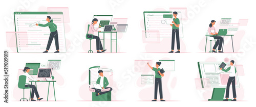 Programmers software engineers and developers coding and testing project. Script coding, python and javascript programming developers flat vector illustration set. Software developers