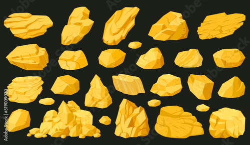 Gold mine nuggets, cartoon golden shiny stones. Yellow golden jewel nuggets vector symbols illustration set. Golden treasure rocks collection