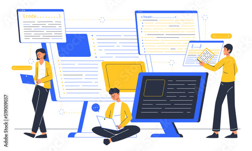 Programming engineers, software developers and web designers concept. Script coding, web development flat vector illustration. Software engineers
