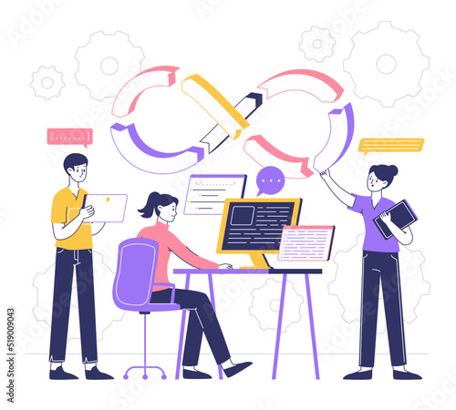 DevOps development operations, software engineering culture. Programming analysis, software developers team flat vector illustration. DevOps team workflow