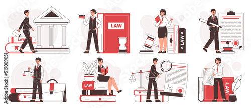 Law firm workers, lawyers litigation support and consultation. Legal service, law and judgment research flat vector illustration set. Justice and law scenes